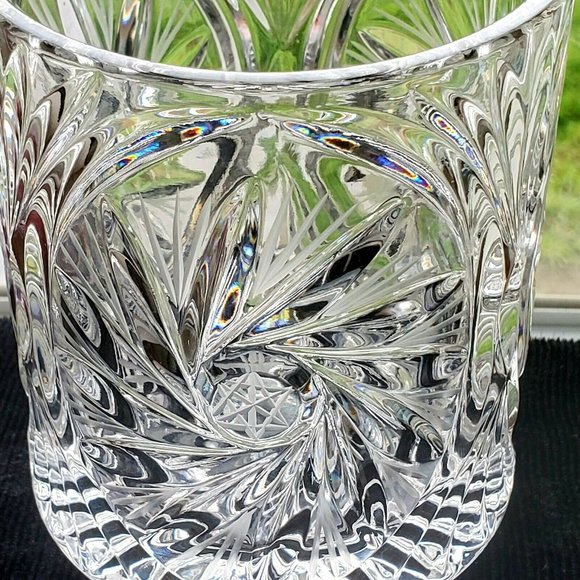 Pinwheel Hand Cut Etched Lead Crystal Vase Candle Holder Poland 4.5" bisquit jar - Picture 8 of 11